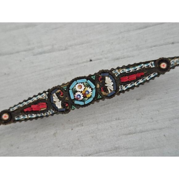 Vintage Millefiori Italian Glass Micro Mosaic Floral Inlaid Bar Brooch Pin - Picture 2 of 4